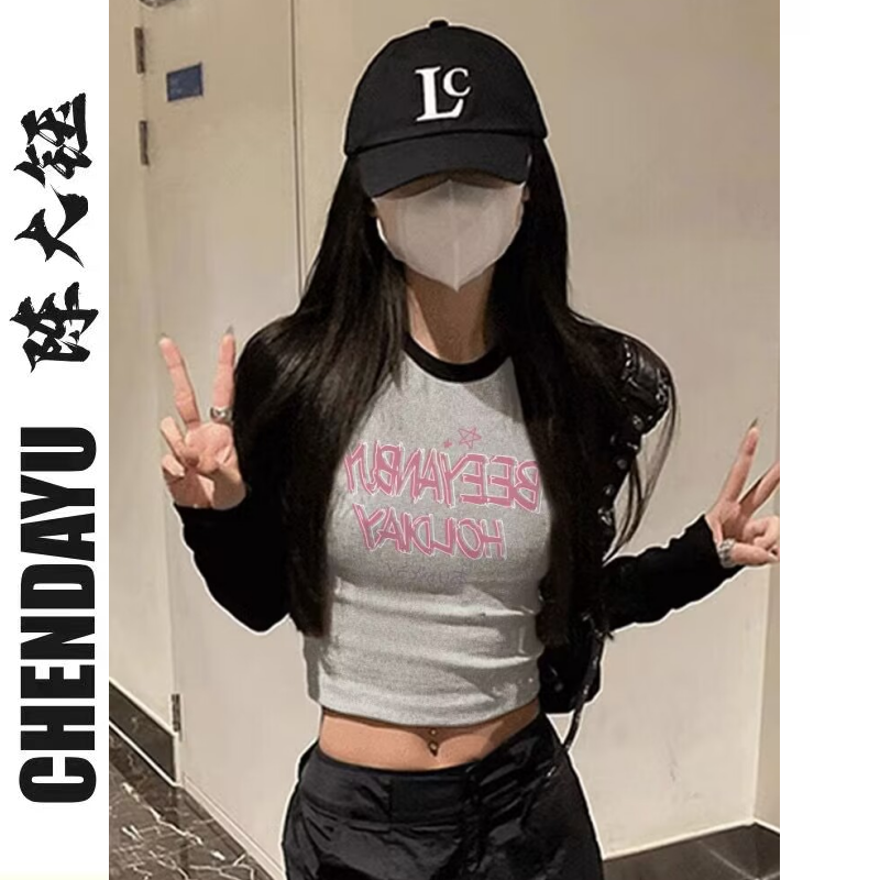 Early autumn short comfortable and versatile patchwork T-shirt for outer wear black and gray millennial hottie slimming slim raglan sleeve top for women