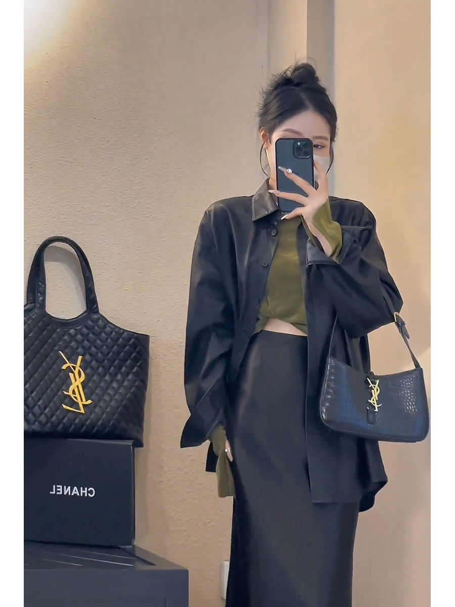 套裝女2023秋季新款輕熟風百搭顯瘦皮衣外套氣質高腰半身裙兩件套