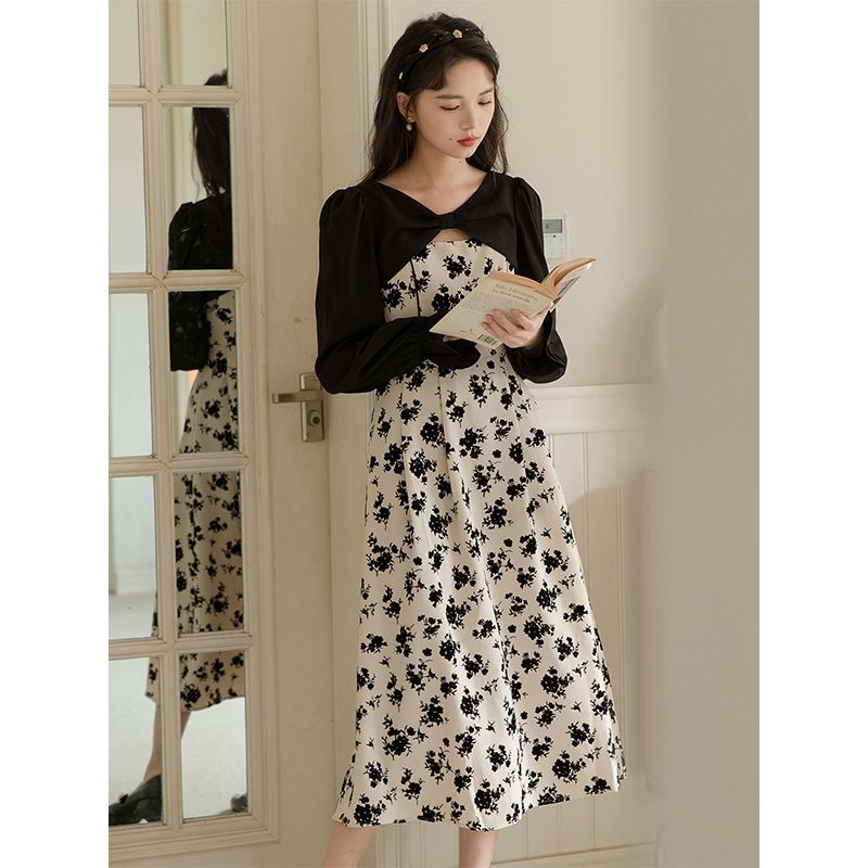 Large size fat mm French Hepburn style fake two-piece dress pure lust style high-end  new floral skirt for women