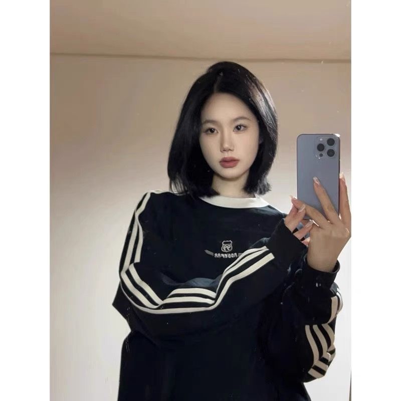 國潮牌撞色拼接三條槓潮牌套頭衛衣女春秋寬鬆名媛氣質百搭上衣潮
