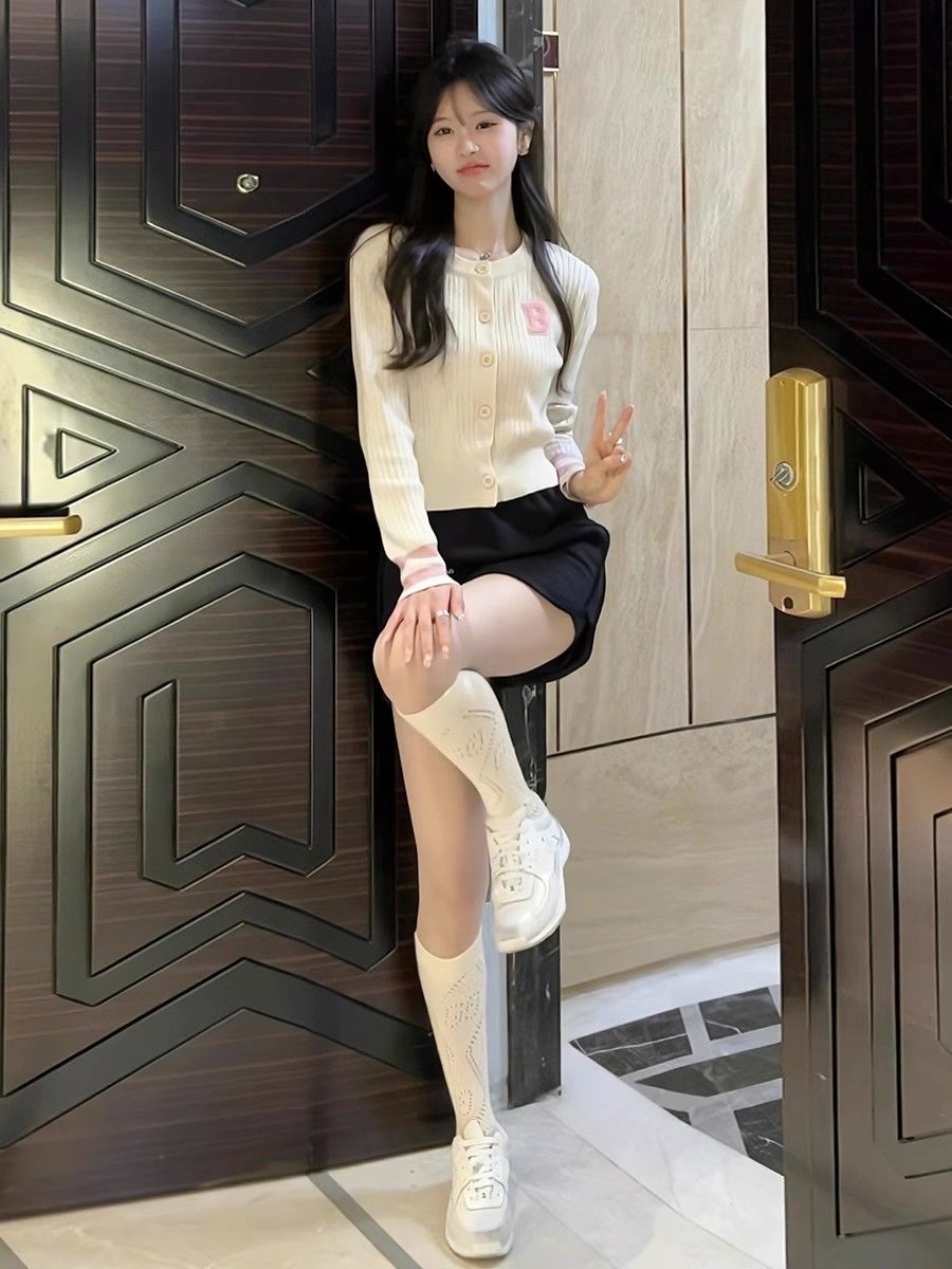 時尚小個子立體字母撞色長袖針織衫早秋新款甜美少女修身顯瘦上衣
