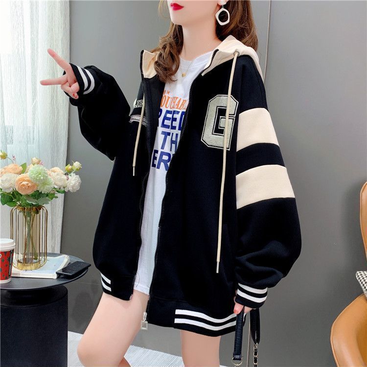 Casual college style hooded sweatshirt cardigan for women 2023 spring and autumn new style foreign style age-reducing Korean version baseball uniform jacket for women