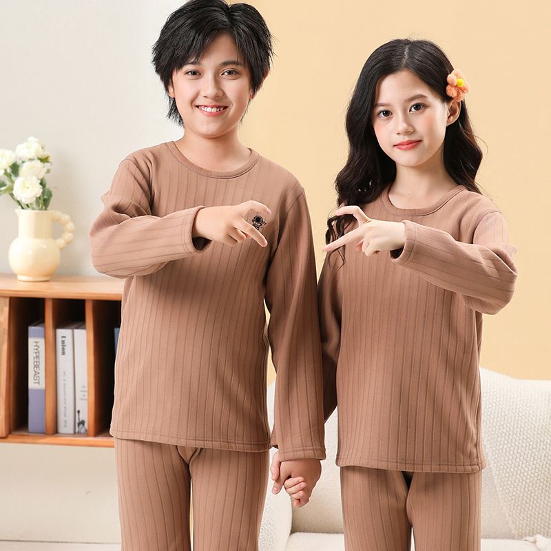 Children's velvet thickened thermal underwear set for older children, long-sleeved autumn clothes, long-sleeved autumn trousers, round neck, teenagers' base layer, autumn and winter