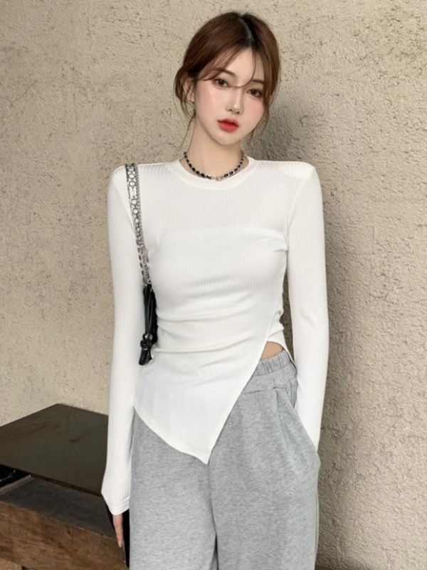 2023秋新款開叉顯瘦不規則T恤女修身打底衫辣妹上衣緊身內搭純欲
