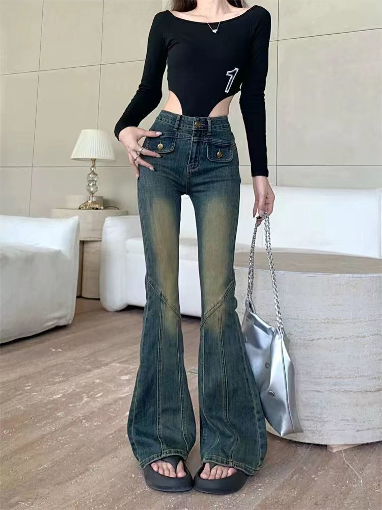 LL復古美式街頭辣妹高腰牛仔褲早秋新款微喇高腰彈力氣質休閒長褲