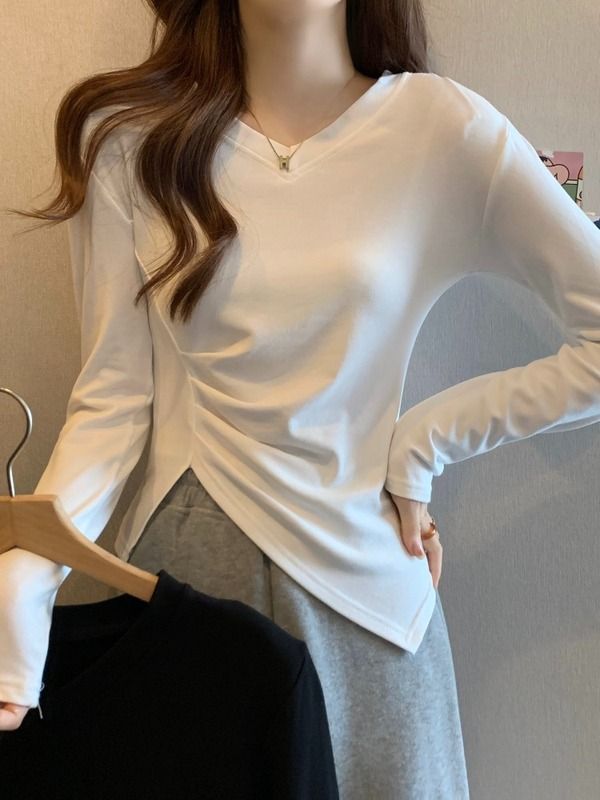 大碼不規則開叉v領長袖t恤女早秋裝新款顯瘦遮肚子修身上衣打底衫