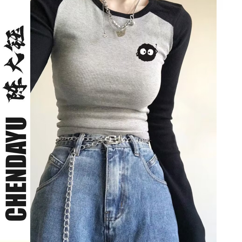 Black and gray round neck raglan sleeve top for women early autumn new slim fit Hong Kong style chic atmosphere with long-sleeved T-shirt ins