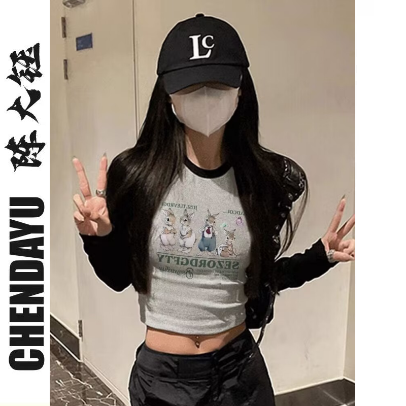 American Millennial Hottie tight-fitting black and gray raglan sleeve top for women early autumn new style small versatile long-sleeved T-shirt ins