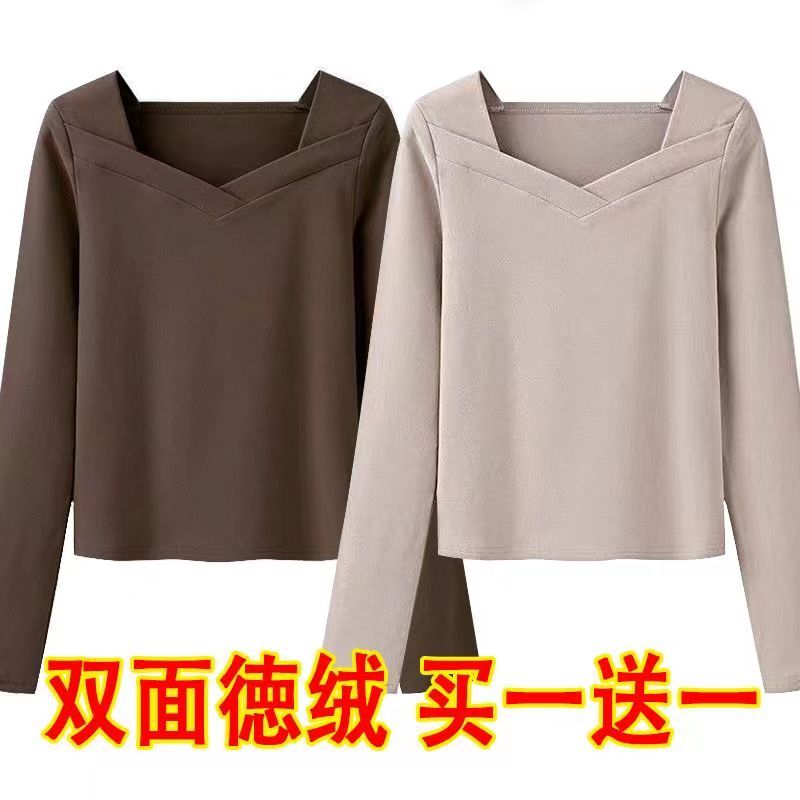單/兩件 胖mm大碼女裝保暖德絨鎖骨方領長袖打底衫女春秋內搭上衣