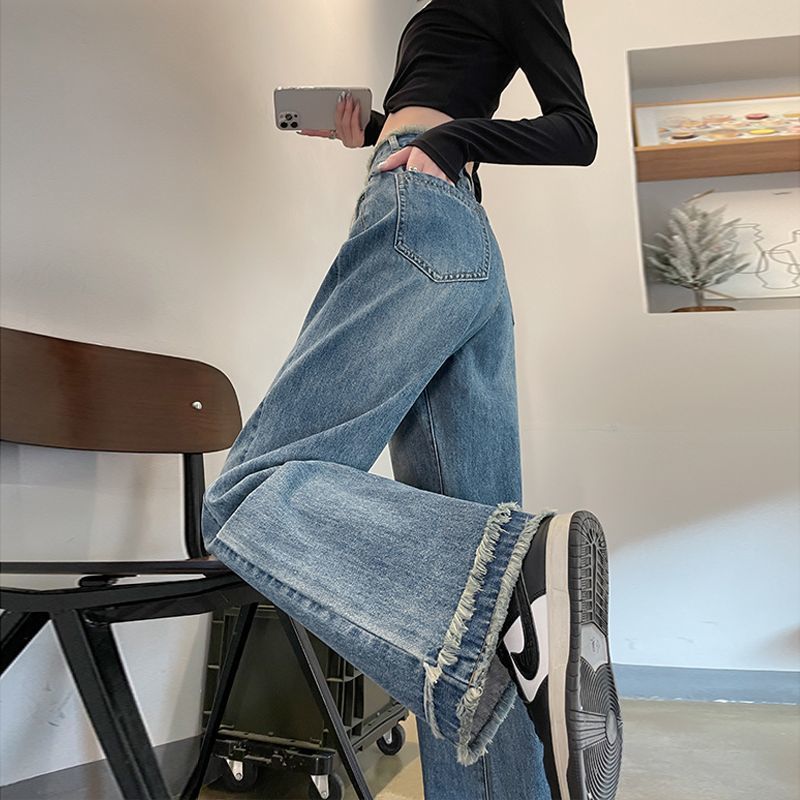 設計感毛邊牛仔褲女秋冬新款高腰顯瘦闊腿拖地褲做舊復古直筒長褲