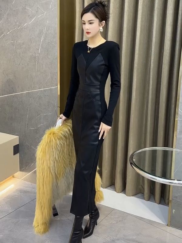 抖音爆款時尚連衣裙女2023早春新款女人味拼接顯瘦中長款開叉裙子