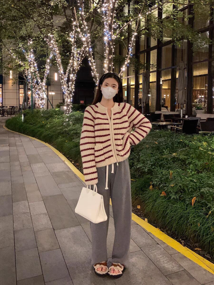 復古雙拉鏈毛衣條紋開衫法式寬鬆慵懶風軟糯外套秋冬季加厚上衣女