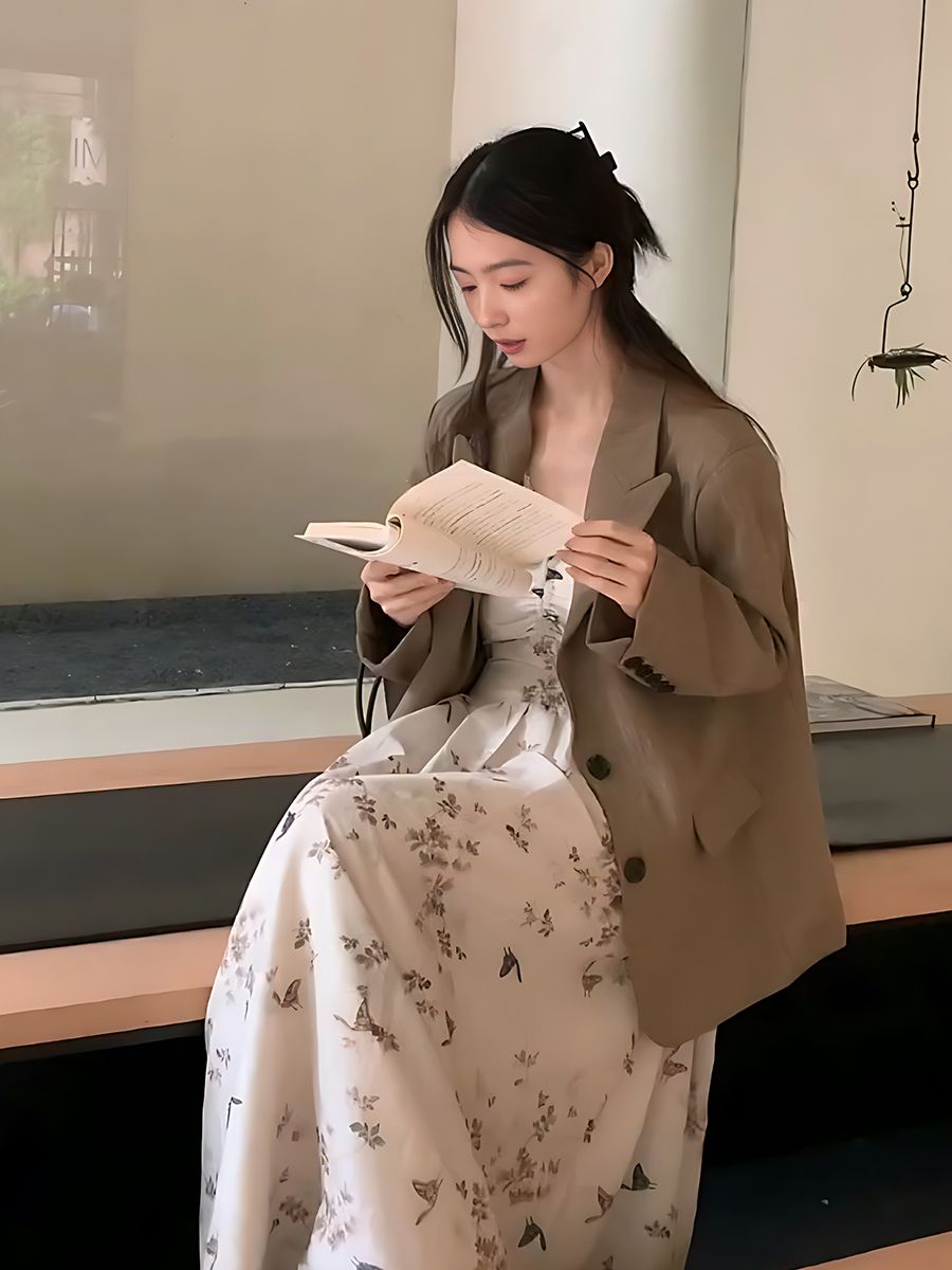 套裝女2023秋季新款溫柔風百搭西裝外套+收腰碎花V領連衣裙兩件套