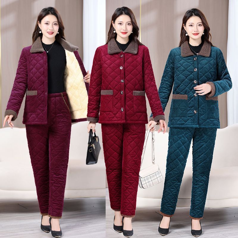 棉衣外套女冬2023年新款棉服套裝兩件套加絨加厚中老年棉襖媽媽