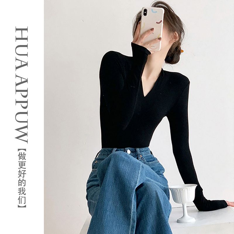 畫朴法式黑色V領修身針織衫女裝2023秋季新款彈力內搭長袖打底衫