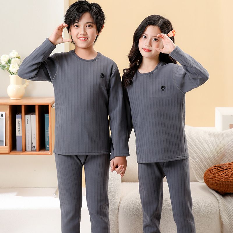 Children's velvet thickened thermal underwear set for older children, long-sleeved autumn clothes, long-sleeved autumn trousers, round neck, teenagers' base layer, autumn and winter