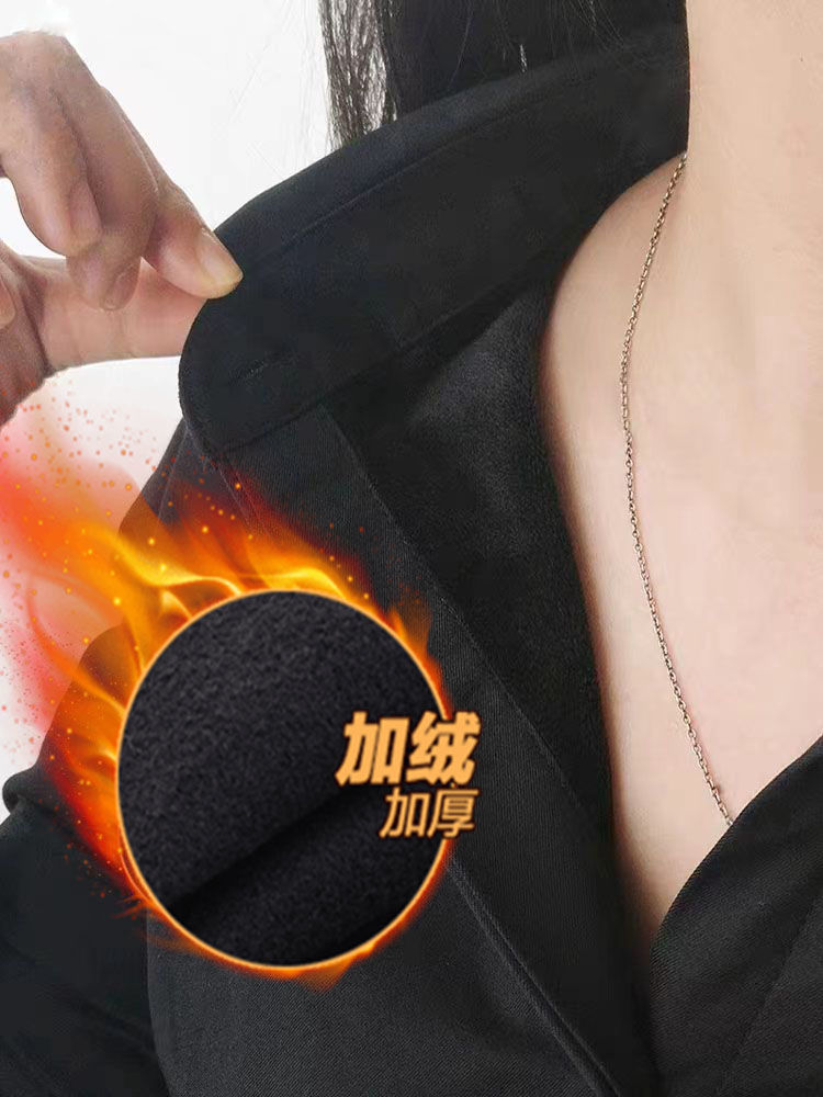 黑色加絨襯衫女長袖2023冬季修身氣質時尚職業工作服加厚保暖襯衣