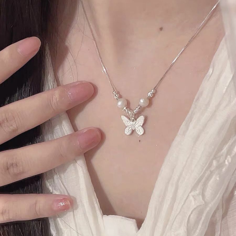 小紅書爆款純銀S925銀珍珠蝴蝶項鍊輕奢小眾氣質甜美少女生日禮物