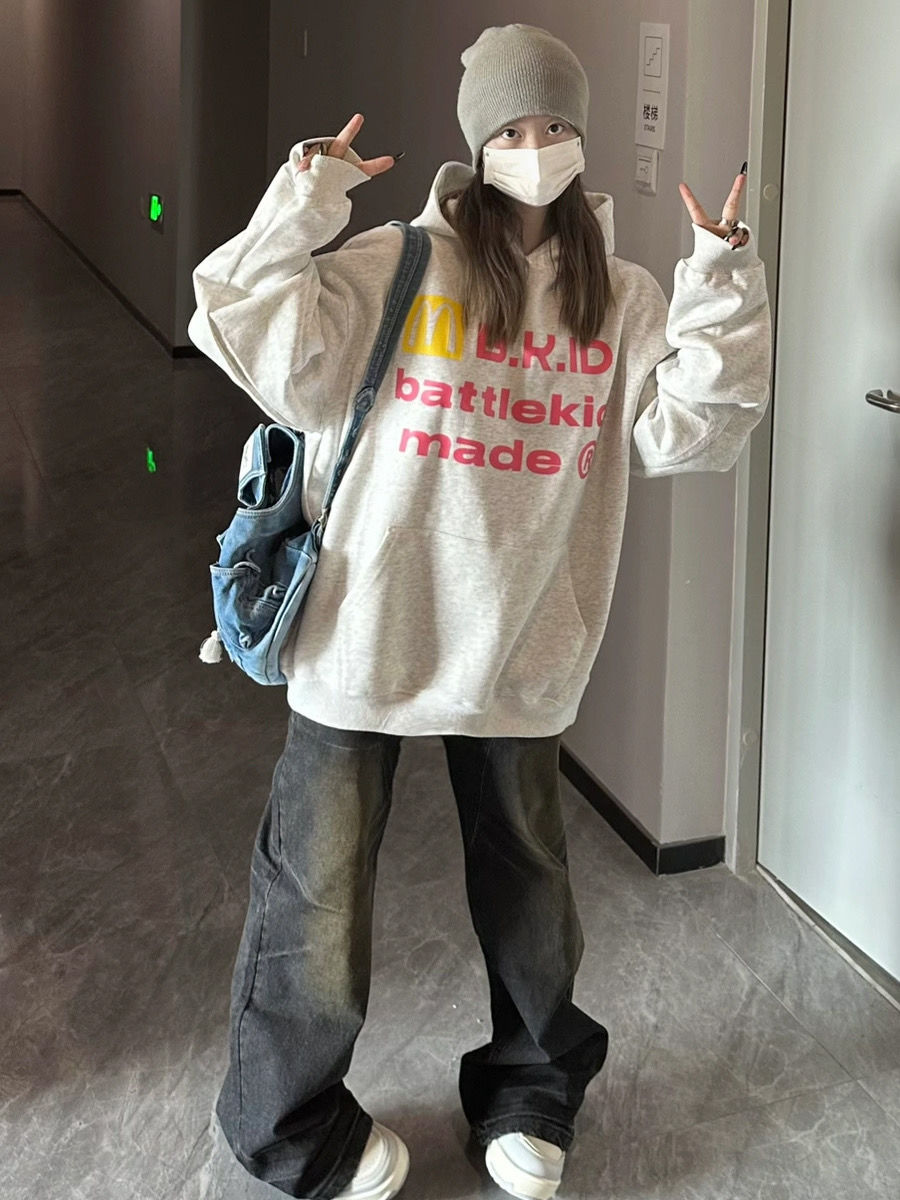 慵懶風灰色衛衣女秋季字母印花情侶外套oversize美式復古連帽上衣