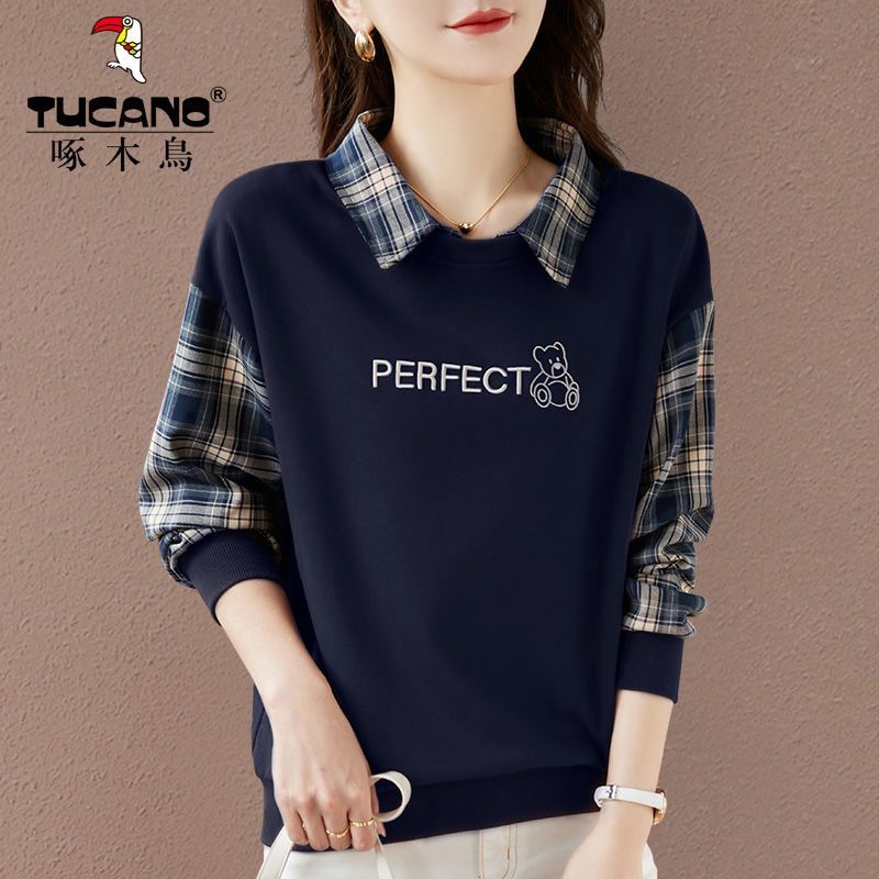 啄木鳥有領衛衣女春秋薄款2023新款秋季polo領假兩件上衣寬鬆外套