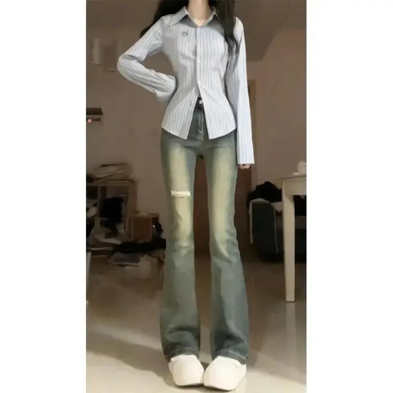 美式復古微喇破洞牛仔褲女2023秋季新款辣妹高腰顯瘦彈力喇叭褲子