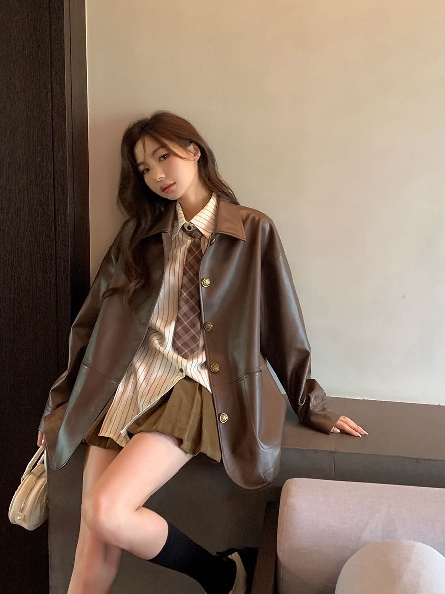 2023 autumn new ins coffee color Maillard long-sleeved loose slim leather jacket female American pu leather jacket