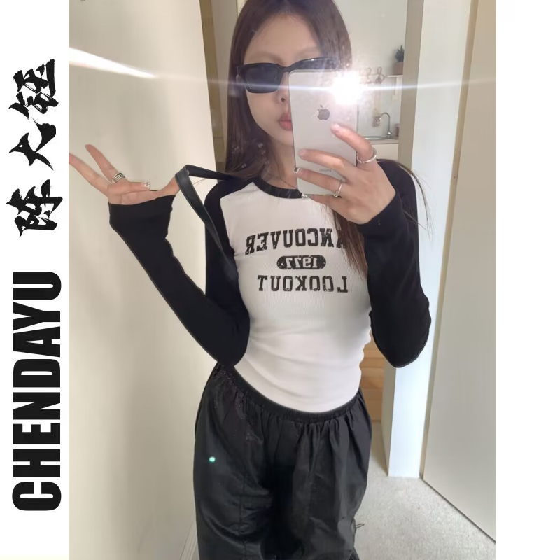 Hot degree online hot girl contrasting color slim fit right shoulder T-shirt women's American round neck raglan sleeve bottoming shirt ins top