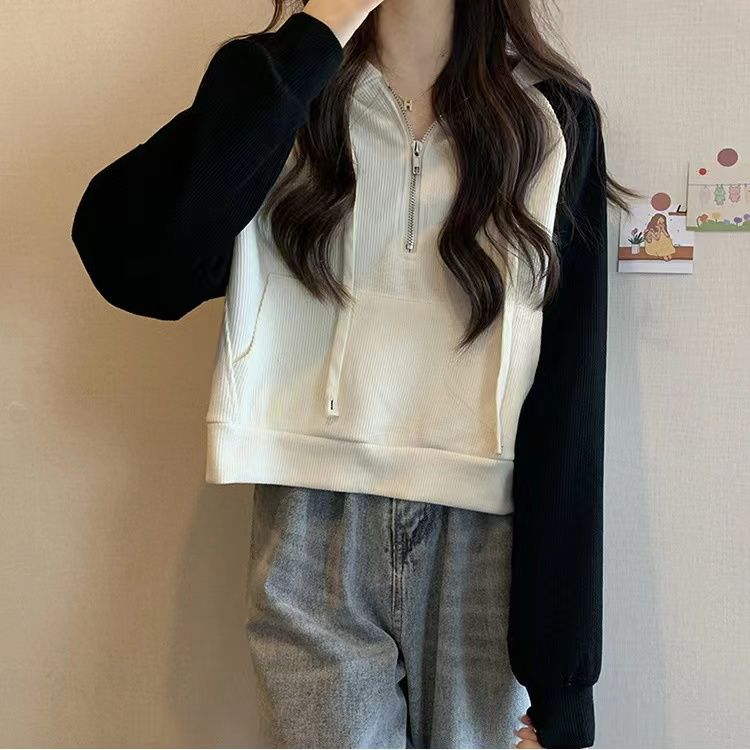 2023秋季新款拼色連帽衛衣女春秋薄款寬鬆小個子套頭百搭短款上衣