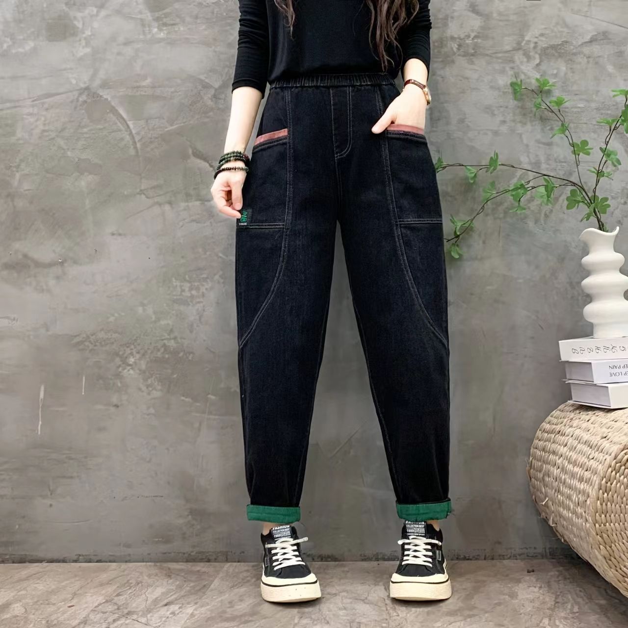 秋季新款深色牛仔褲女時尚顯瘦百搭高腰彈力休閒鬆緊腰寬鬆哈倫褲
