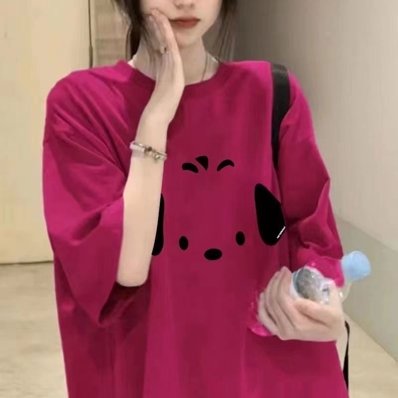 鹽系玫紅色純棉短袖t恤女夏季2023新款寬鬆狗頭設計感小眾ins上衣