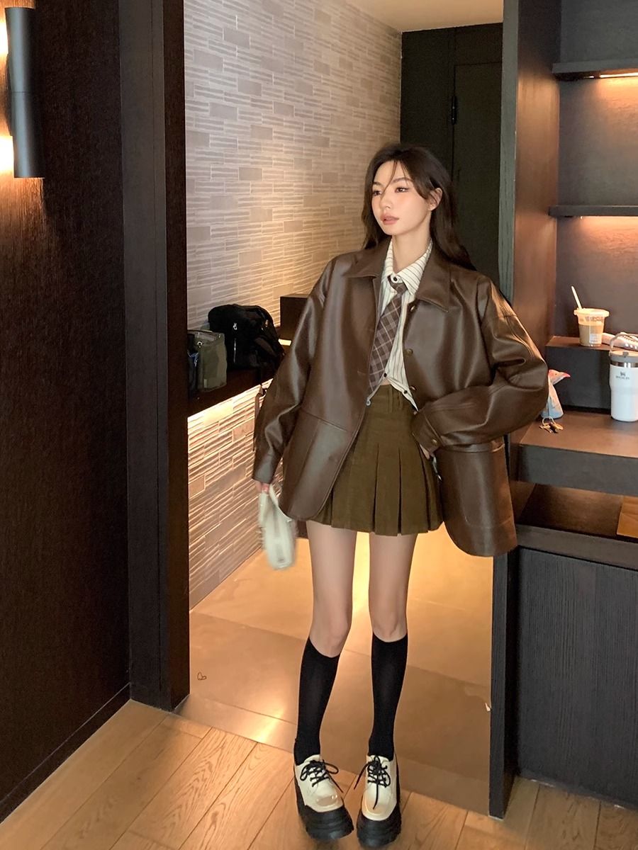 2023 autumn new ins coffee color Maillard long-sleeved loose slim leather jacket female American pu leather jacket