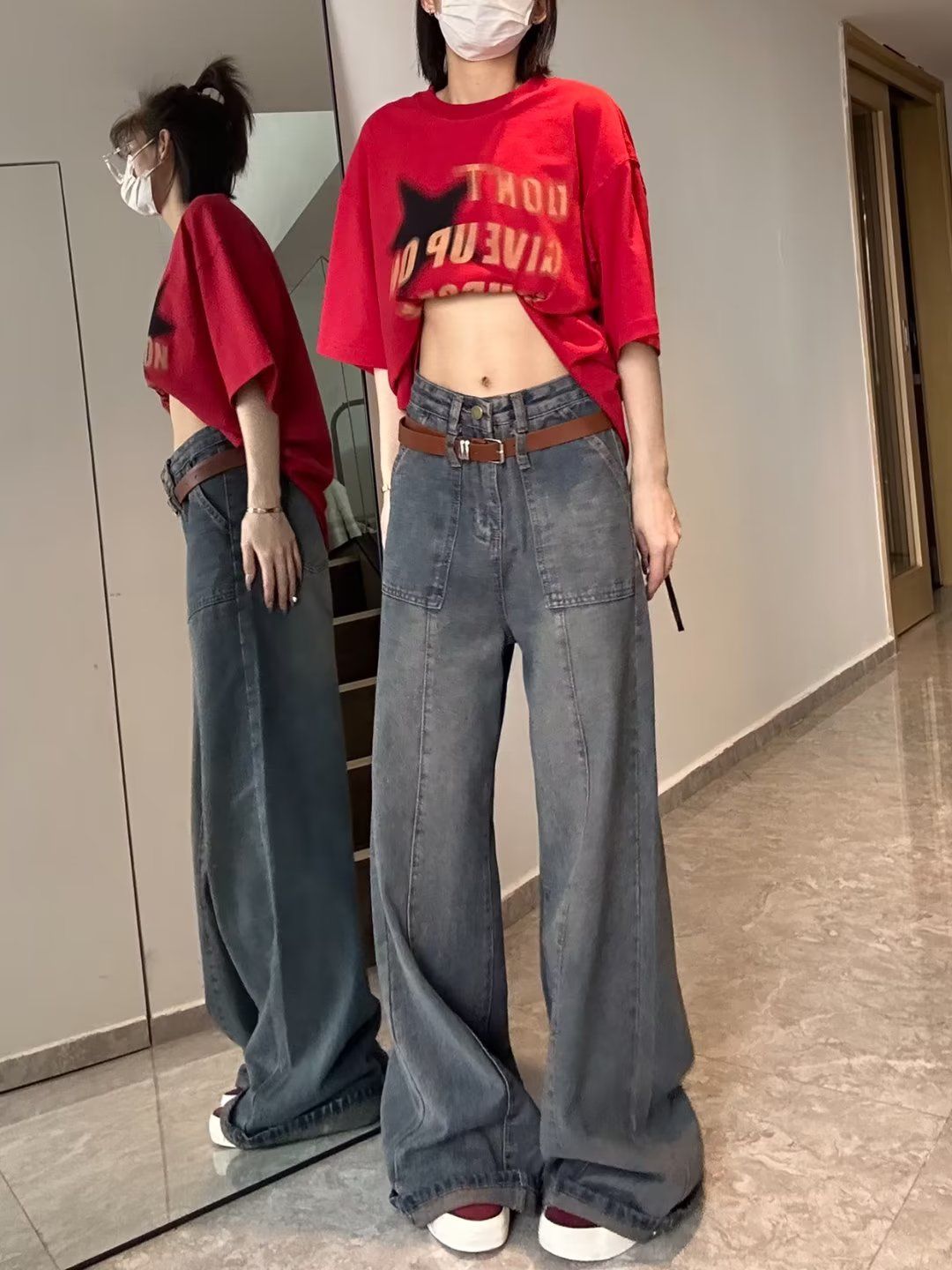 美式辣妹設計感闊腿牛仔褲女秋季新款復古水洗高腰寬鬆直筒長褲子