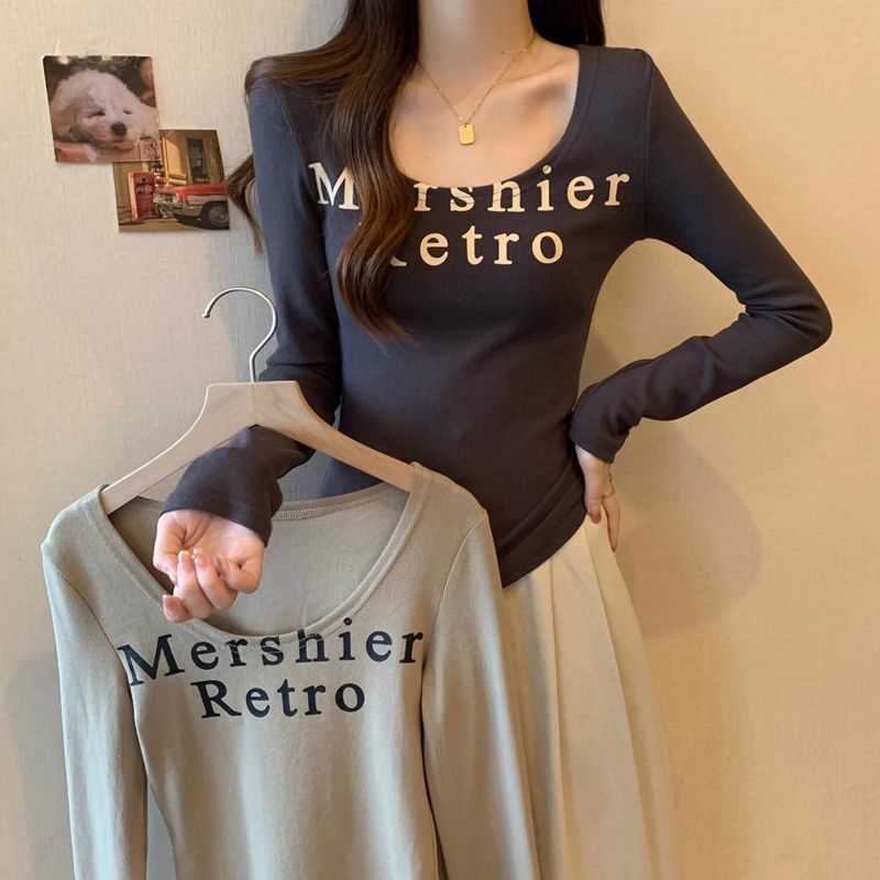 American letter printed long-sleeved T-shirt for women in autumn and winter new style sweet hot girl slim fit high-end bottoming shirt top