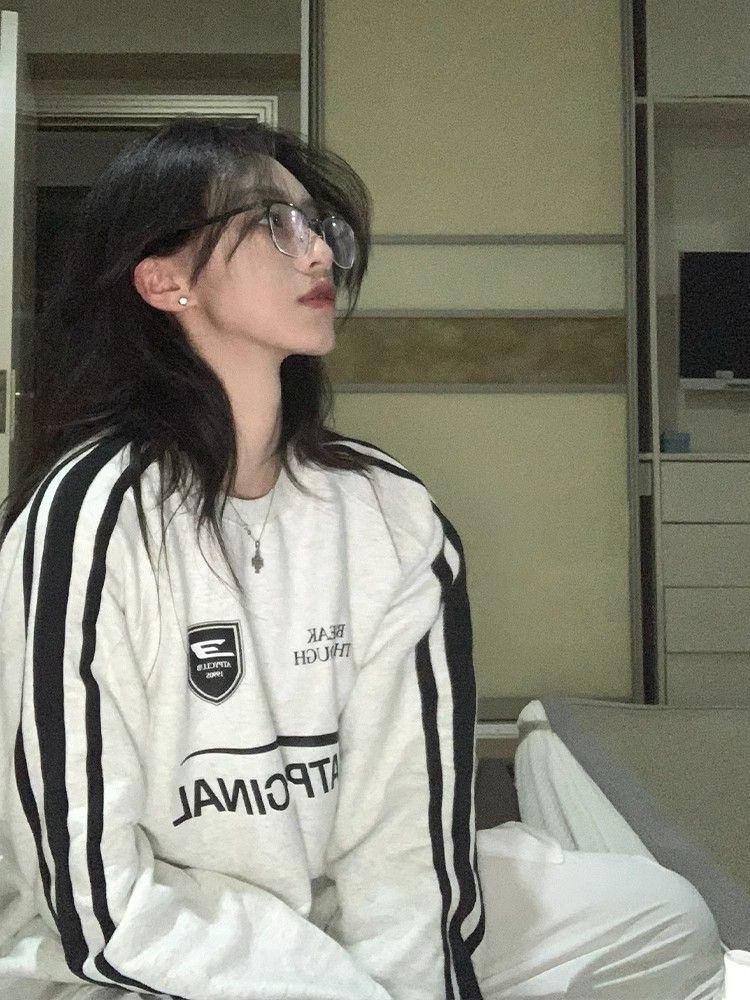 美式重磅衛衣女oversize秋季高街圓領外套撞色拼接條紋寬鬆上衣潮