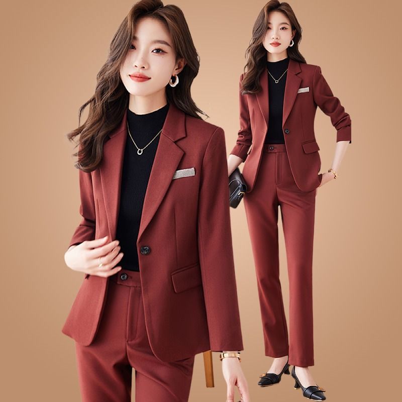 磚紅色西裝套裝女春秋新款休閒氣質女神范時尚韓版職業正裝工作服