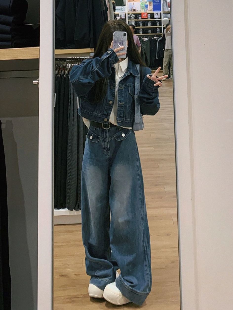 American retro ins campus shorts, right-angle shoulder denim jacket, women's autumn new design, super cool jacket trend