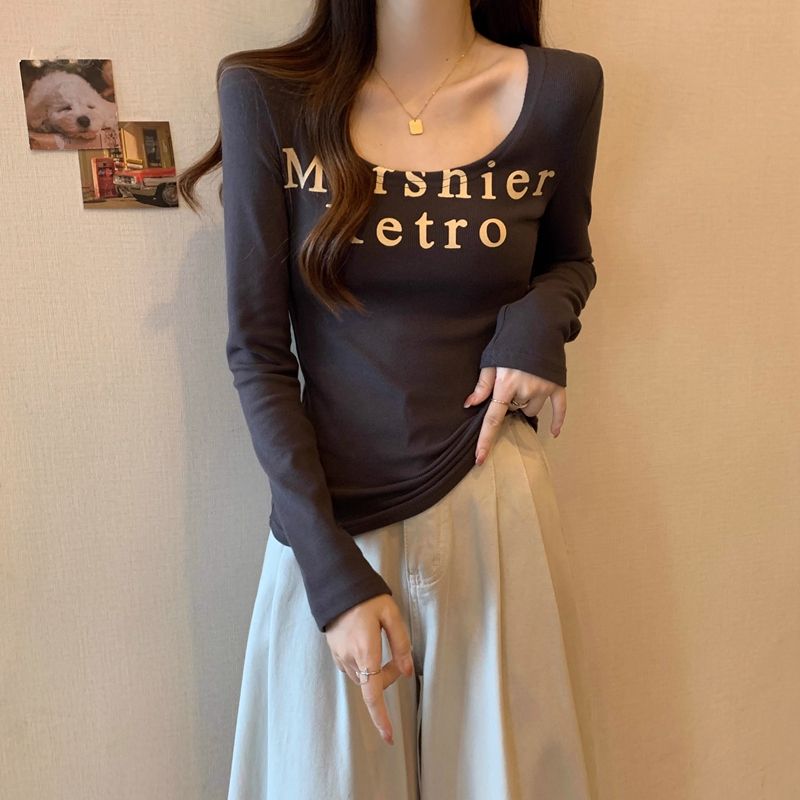 American letter printed long-sleeved T-shirt for women in autumn and winter new style sweet hot girl slim fit high-end bottoming shirt top