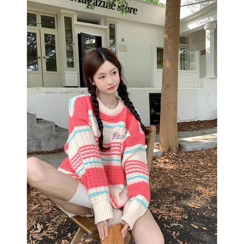 日系學院風條紋加厚圓領套頭毛衣女慵懶風寬鬆針織衫