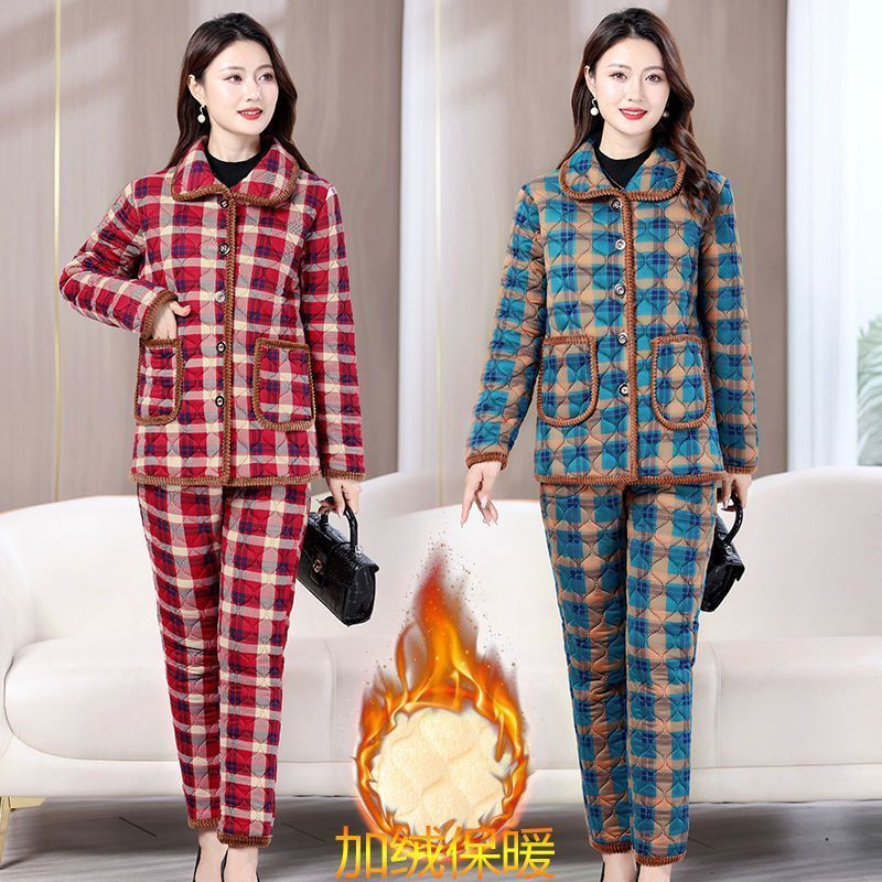 中年媽媽冬裝碎花加絨加厚棉襖加厚保暖中老年女裝家居服棉衣套裝