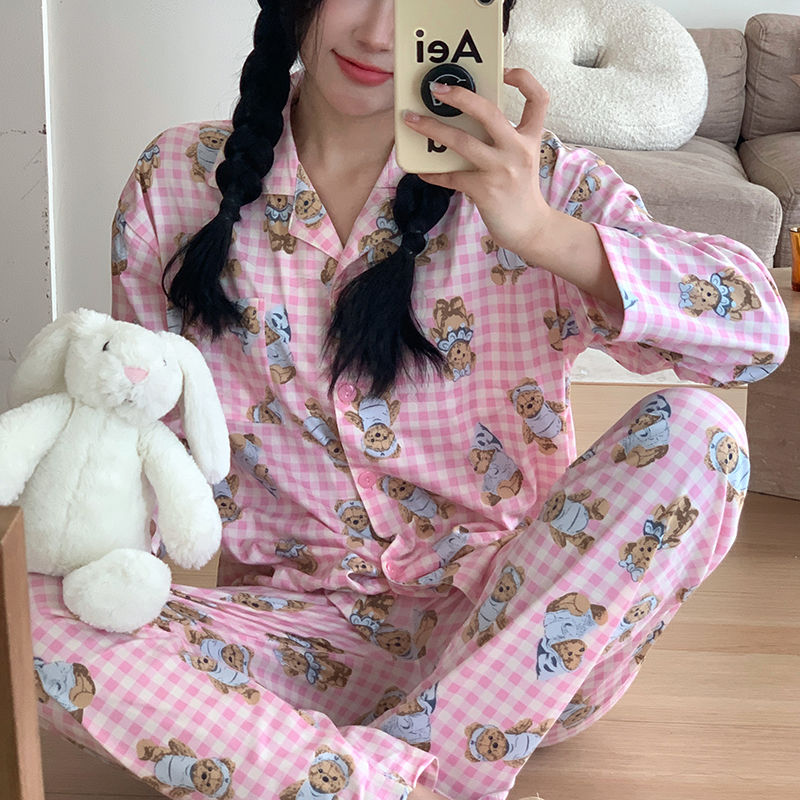 睡衣女春秋季長袖長褲小熊開衫套裝可愛學生少女家居服秋冬可外穿