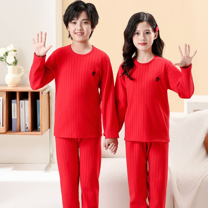 Children's velvet thickened thermal underwear set for older children, long-sleeved autumn clothes, long-sleeved autumn trousers, round neck, teenagers' base layer, autumn and winter