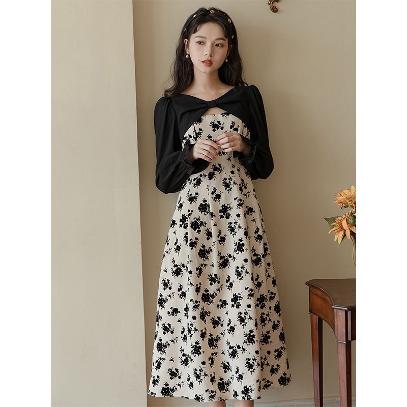 Large size fat mm French Hepburn style fake two-piece dress pure lust style high-end  new floral skirt for women