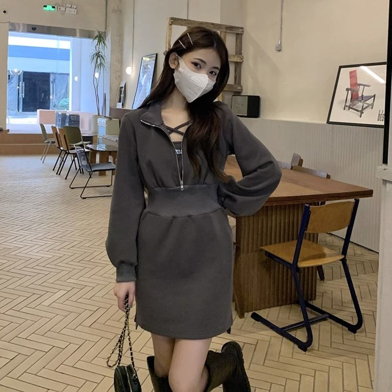 春秋季大碼韓版小眾設計感辣妹風收腰顯瘦長袖連衣裙女200斤胖mm