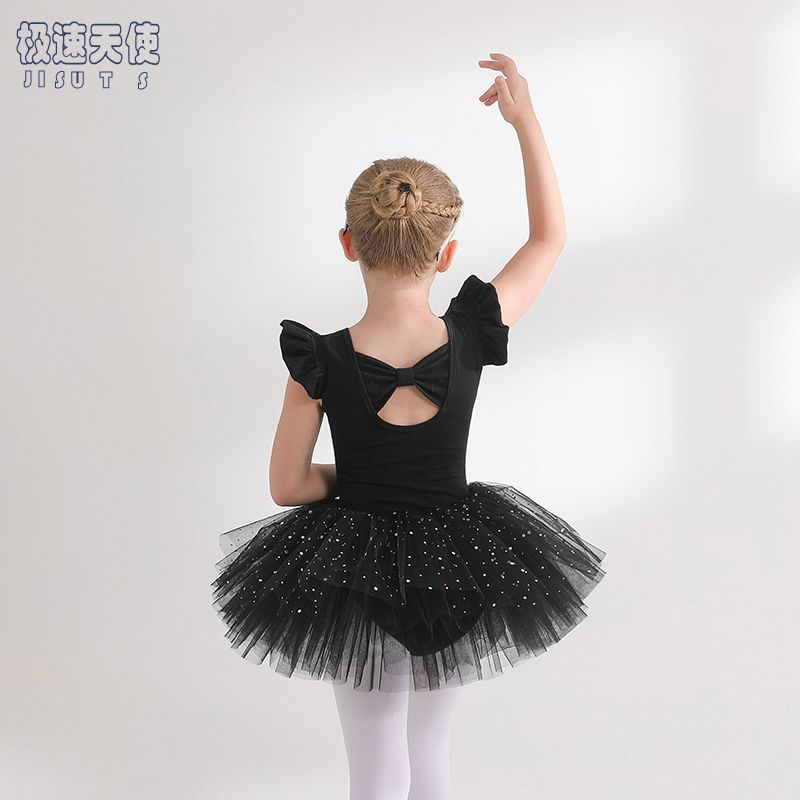 兒童舞蹈服夏季新款女童練功服黑色純棉幼兒芭蕾舞亮片紗裙中國舞