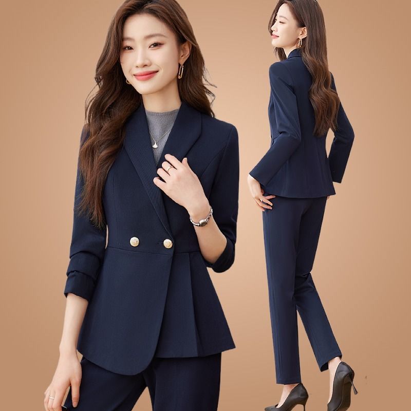 藏青色西裝套裝女長袖不規則下擺高級感氣質職業裝西服套裝工作服