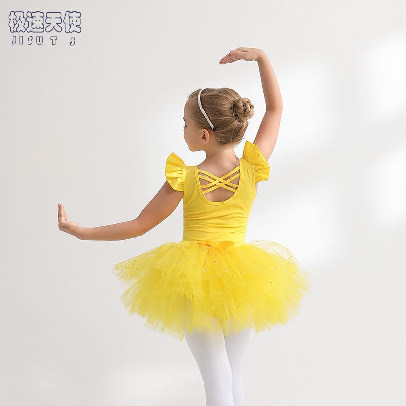 儿童舞蹈服夏季纯棉黄色无袖女童练功服考级中国舞幼儿芭蕾舞纱裙