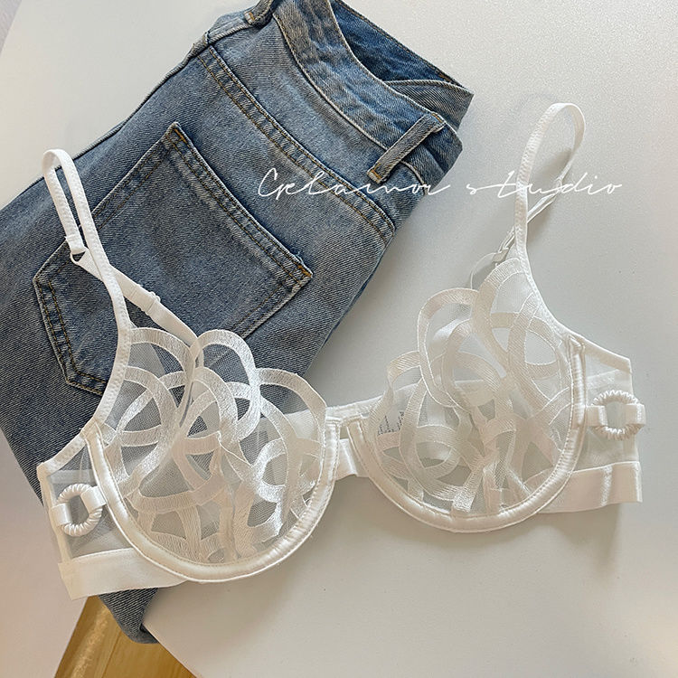 大胸顯小法式內衣女薄款夏季白色蕾絲防下垂顯小文胸性感超薄胸罩