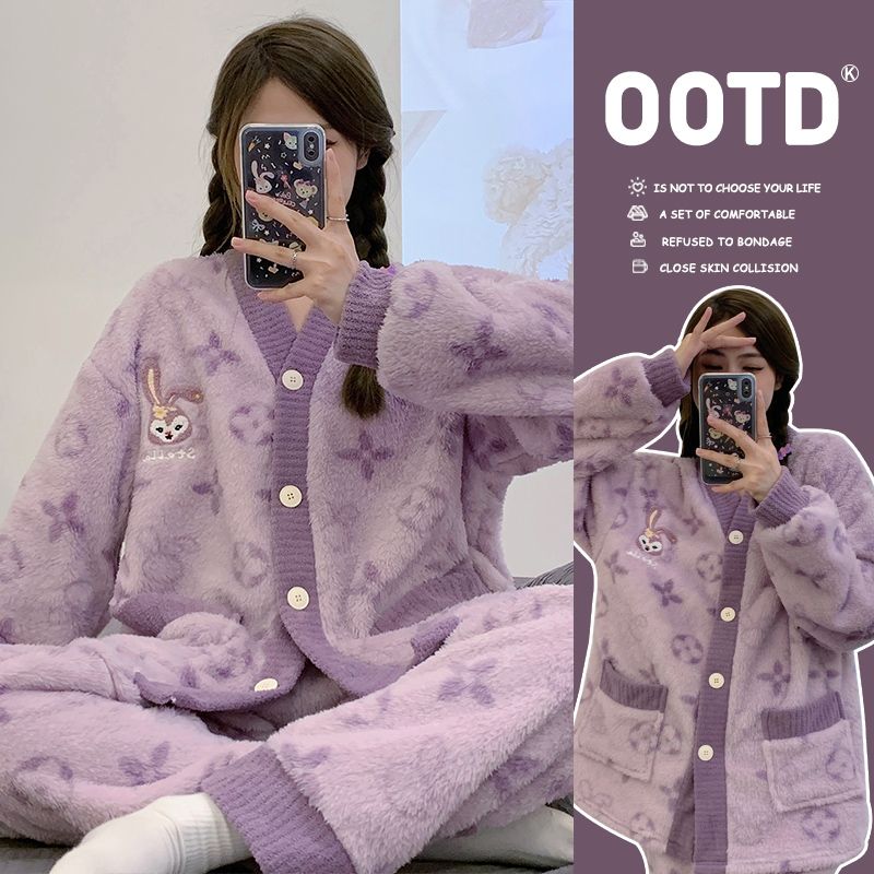 Pajamas winter plus velvet and thickened coral velvet suit 2023 new warm and wearable student cute home clothes