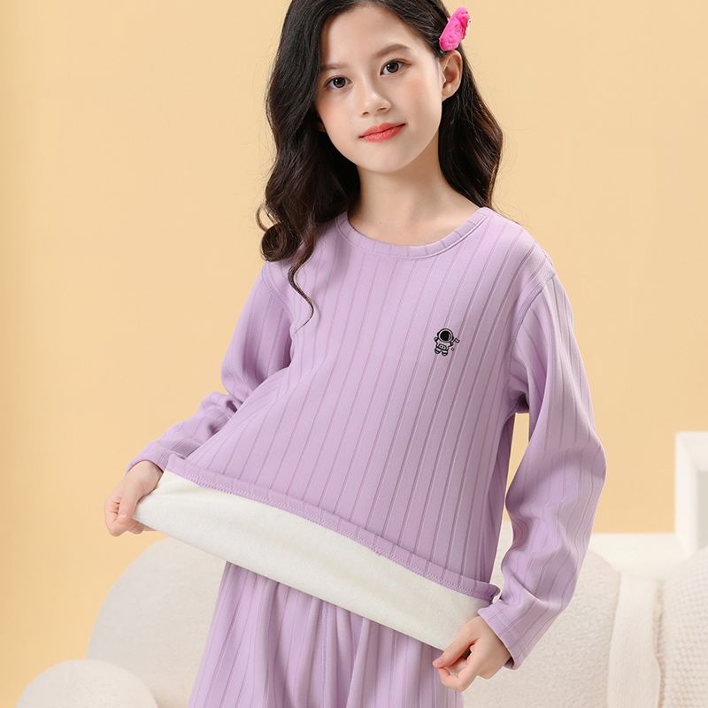 Children's velvet thickened thermal underwear set for older children, long-sleeved autumn clothes, long-sleeved autumn trousers, round neck, teenagers' base layer, autumn and winter