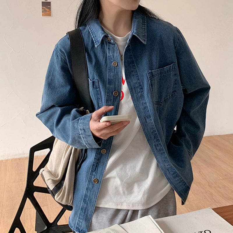 疊穿牛仔襯衫女春秋新款大碼胖MM長袖寬鬆簡約顯瘦上衣外套襯衣潮